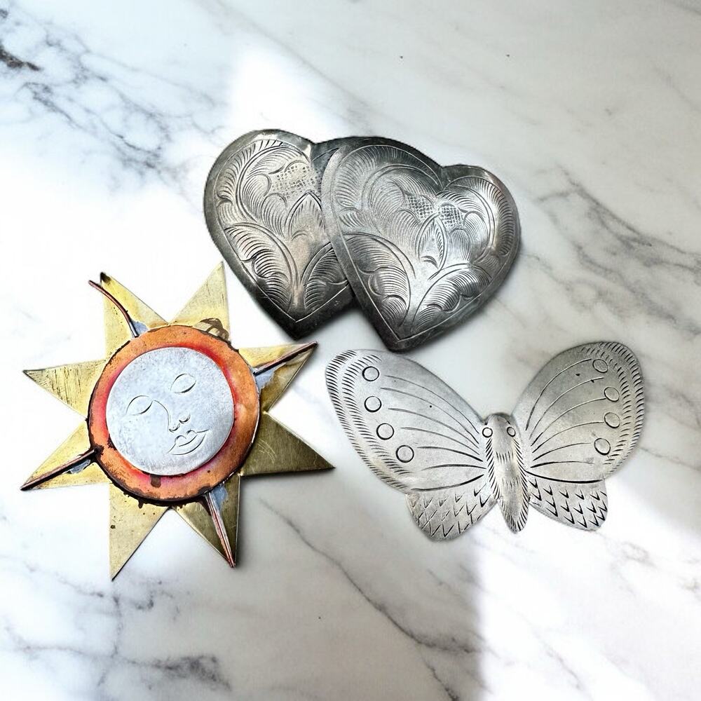 Vintage Sun Face Brooch Silver Tone Mixed Metal Butterfly Heard Southwest Lot